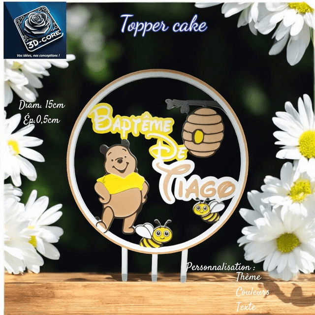 Topper cake baptême "WINNIE L'OURSON' personnalisé