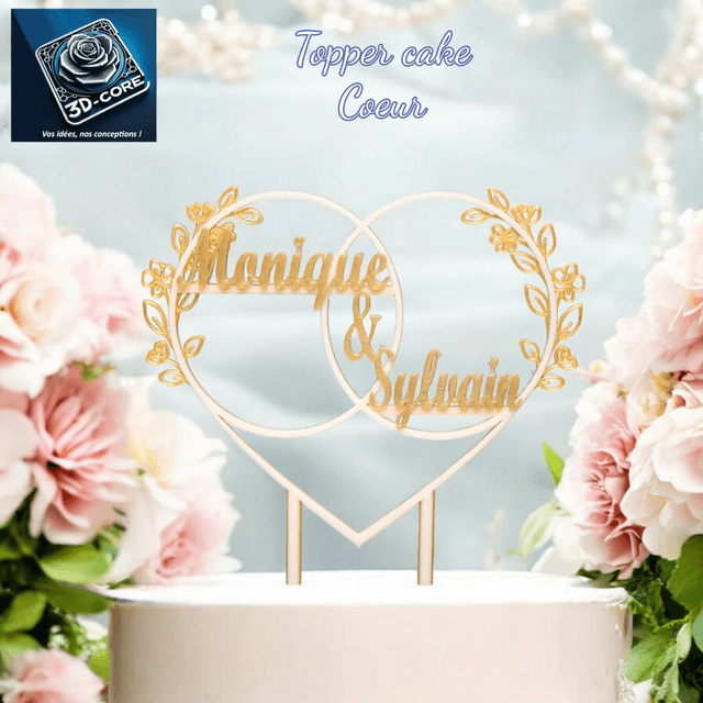 Topper cake mariage "COEUR" personnalisable
