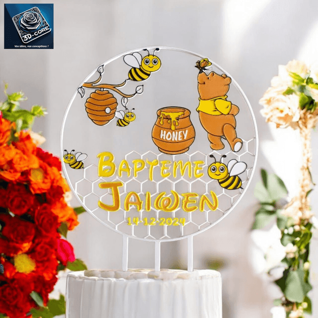 Topper cake baptême "WINNIE L'OURSON' personnalisé